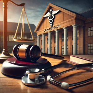 Defamation v Orlando Health: Legal gavel and healthcare symbol